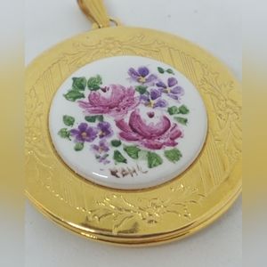 Gold Tone Hand Painted Porcelain Floral Pendant Locket Signed
